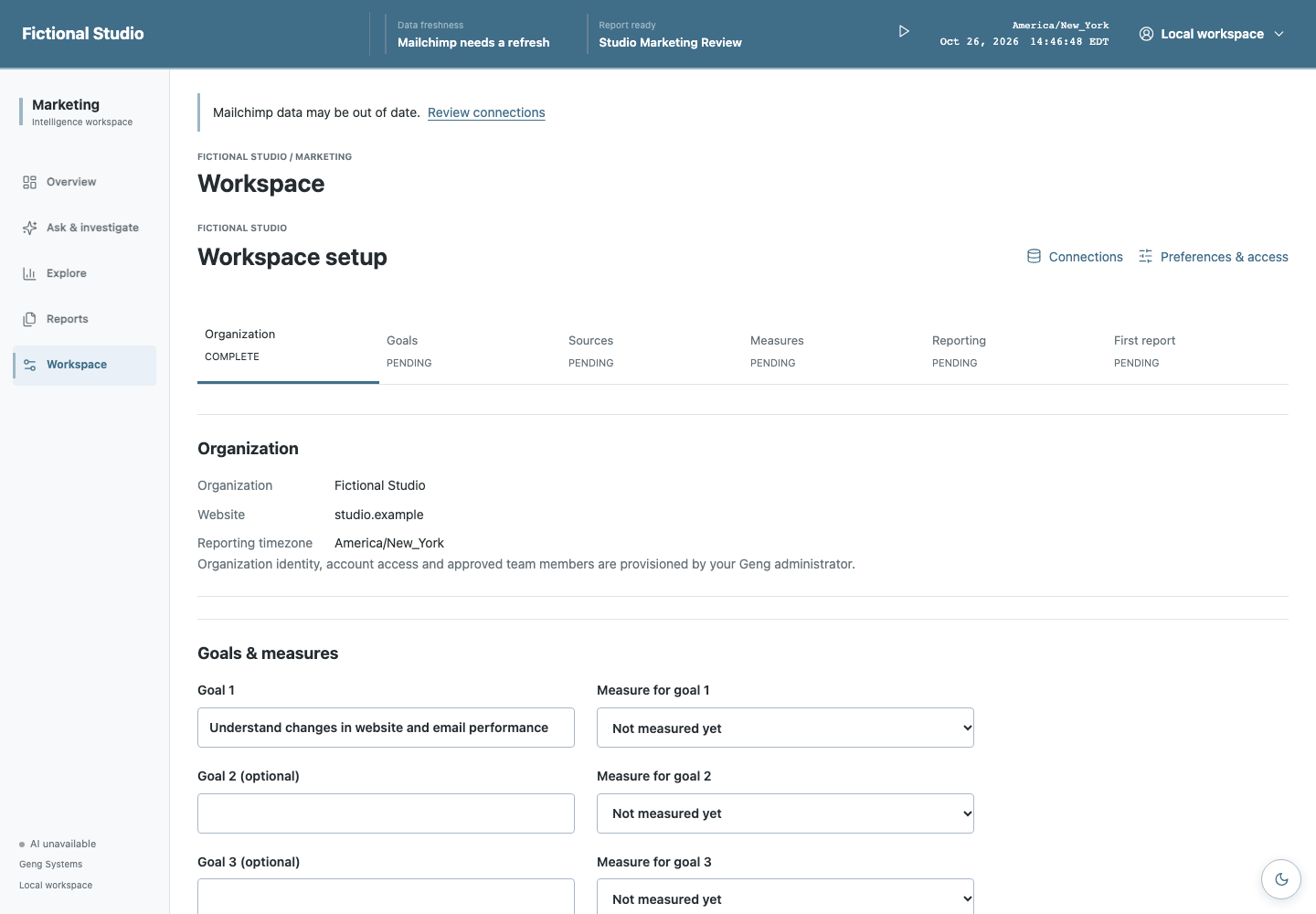 Actual workspace setup with configurable goals, priority measures and reporting defaults for a fictional organization.